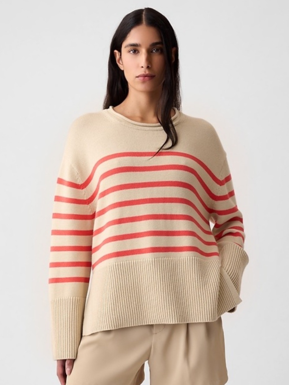 GAP 24/7 Split Hem Rollneck Sweater Cotton Tan with Coral Stripes
